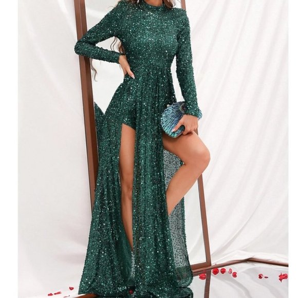 dark green sequin romper dress chic - Picture 1 of 6
